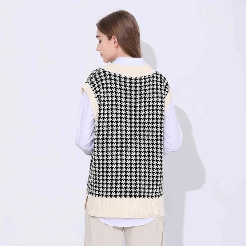 Oversized Houndstooth Kamizelka Kamizelka Sweter Kobiety Vintage Side Vents Side Vents Kobieta Kamizelka Chic Topy Moda Kobiety Pullover 210419