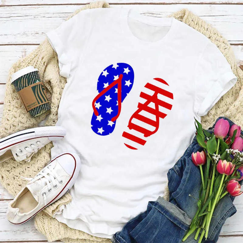 Kobiety Graficzne USA Flaga Ameryka Patriotyczna Kwiat Lato Koszulka Topy Lady Kobiet Odzież Odzież Tee Kobieta T Shirt X0527