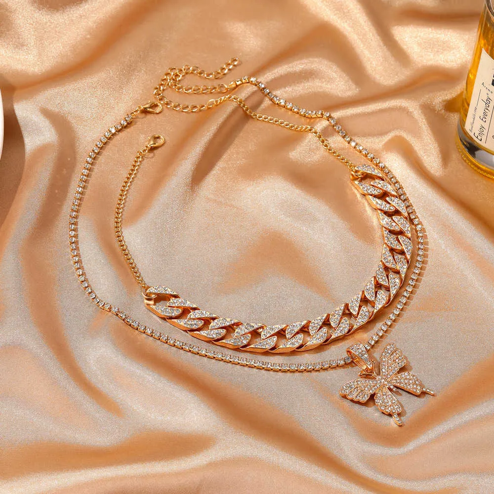 LATS PUNK CUBAN DUBBELA LAYER Big Fjäril Pendant Necklace Full Rhinestone Gold Color Choker Tjockkedja Halsband Kvinnesmycken Y9441050
