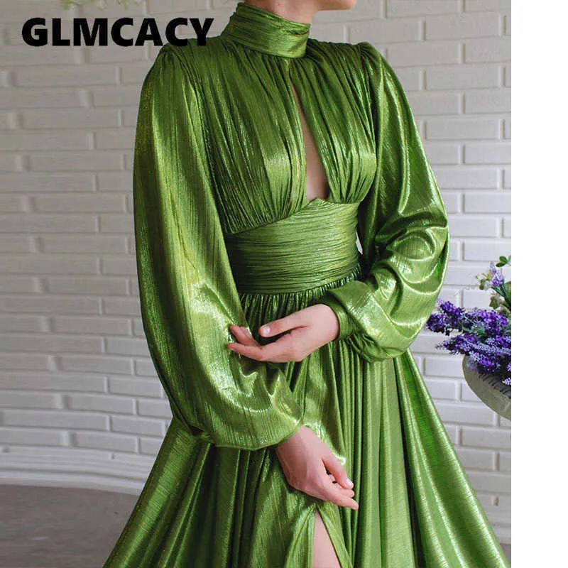 Shiny Olivine Dress Femmes Manches Longues Low Cut Out Élégant Maxi Slit Robes 210702