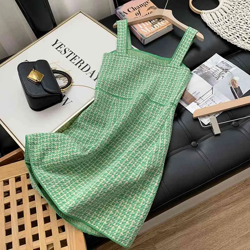Green Houndsooth Silk coton coton robe tricoter 60% pull en laine été Vêtements pour femmes de haute qualité 210520
