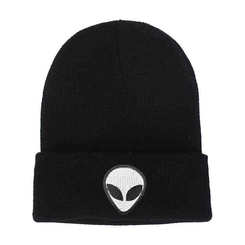 Chaud Hiver Brodé Manchette Alien Chapeau pour Femmes Hommes Tricot Casual Beanie Automne Solide Slouchy Hip Hop Drôle Mignon Noir Dame Cap Y21111