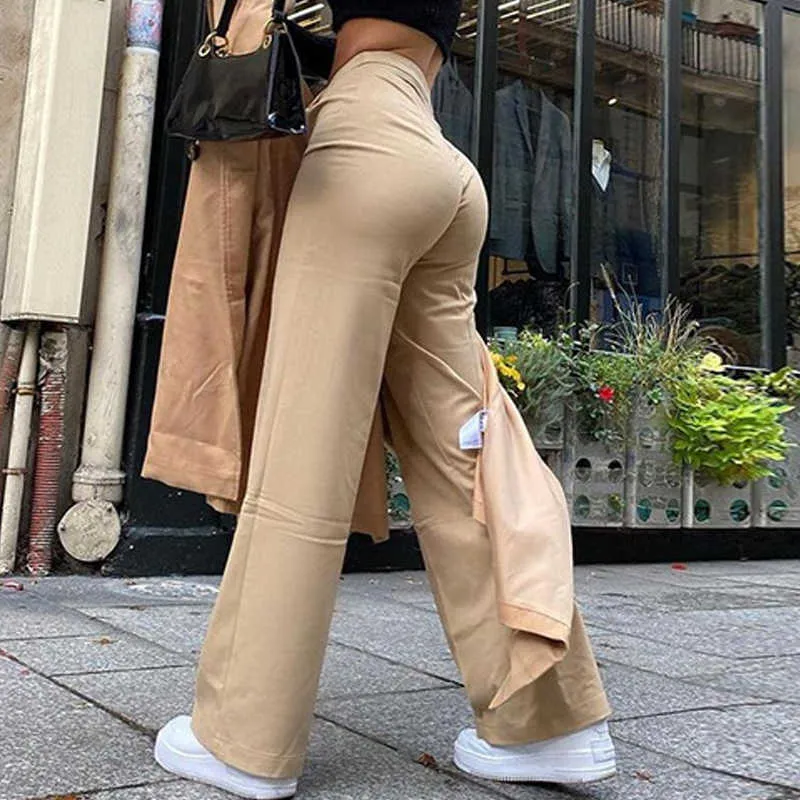 Streetwear Khaki Wide Leg Women Pants Casual Loose High Waist Flared Långbyxor Pantalon Cargo Femme 210925