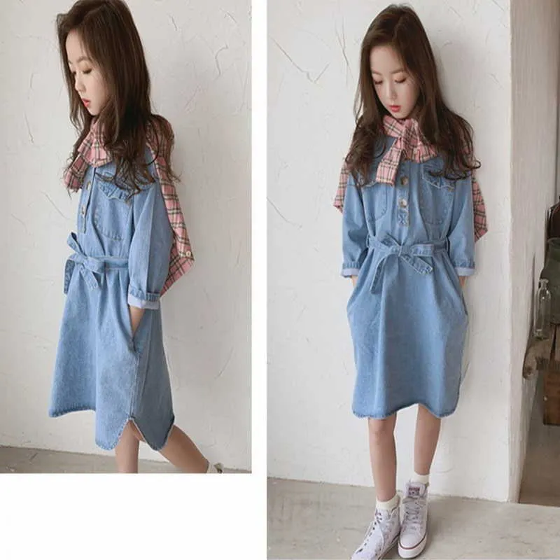 Verão Adolescentes Menina Dress Denim Blue Colors Botas Botas Big com Cinto Crianças Roupas E121 210610