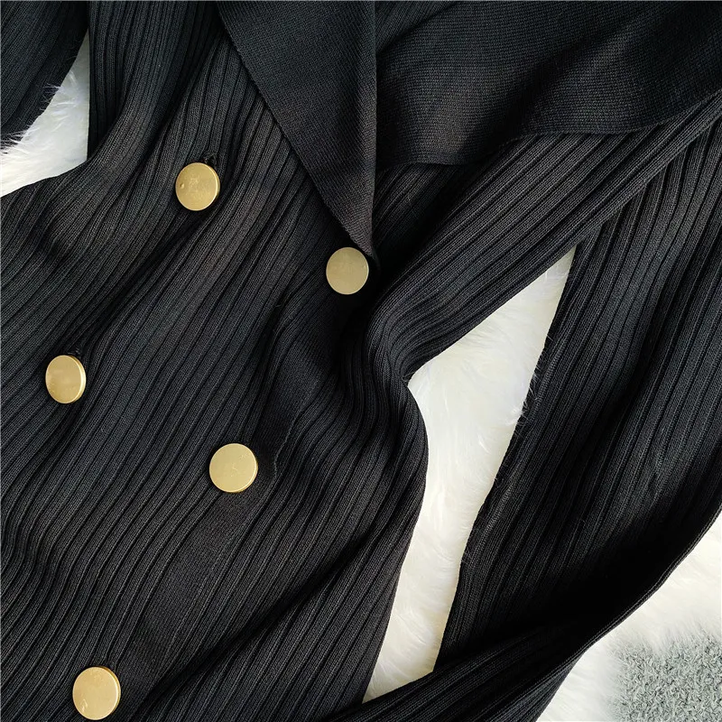 Korobov herfst nieuwe dames Franse taille is dun en kleine rok temperament zwart pak kraag gebreide jurk 210430