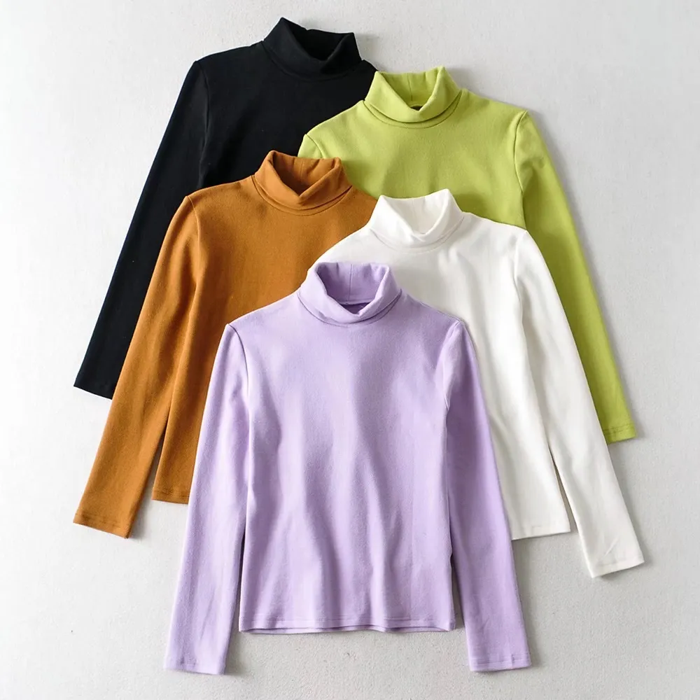 Autumn Winter High Collar Stretch T-shirt Chic Woman Long sleeve Slim Fit t Basic Tee Casual Tops 210429