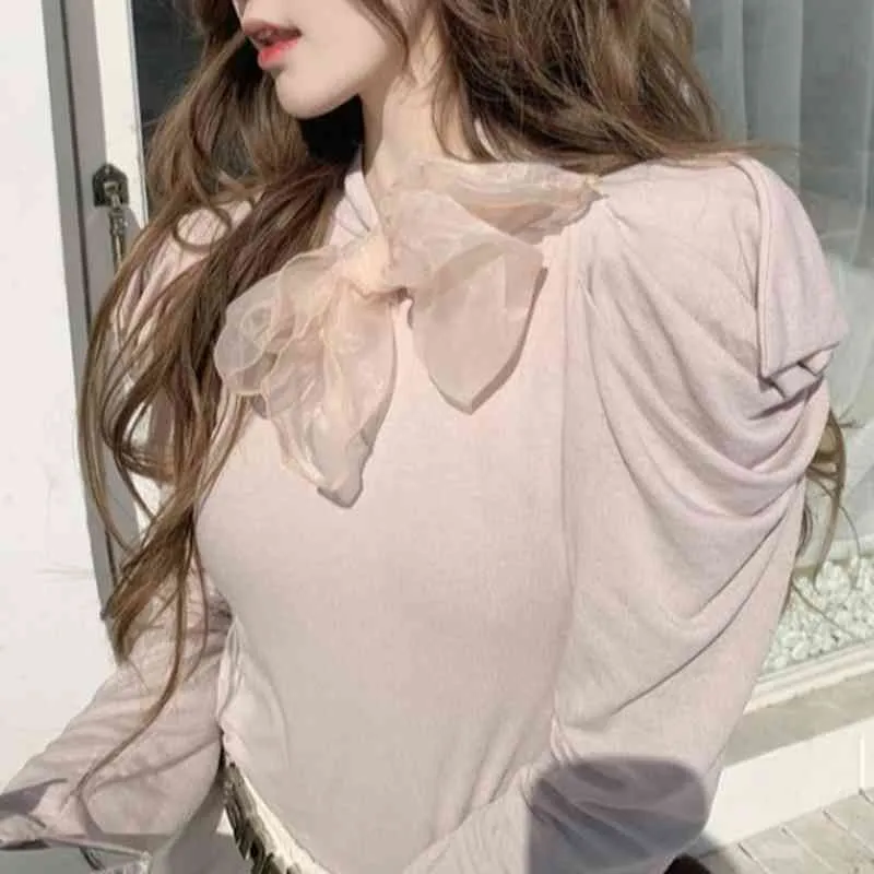 Ezgaga Elegant Tshirts Kvinnor Bowknot Avtagbar Slim Puff Sleeve All-Match Solid Base Office Lady Korean T Shirts Fashion Tops 210430