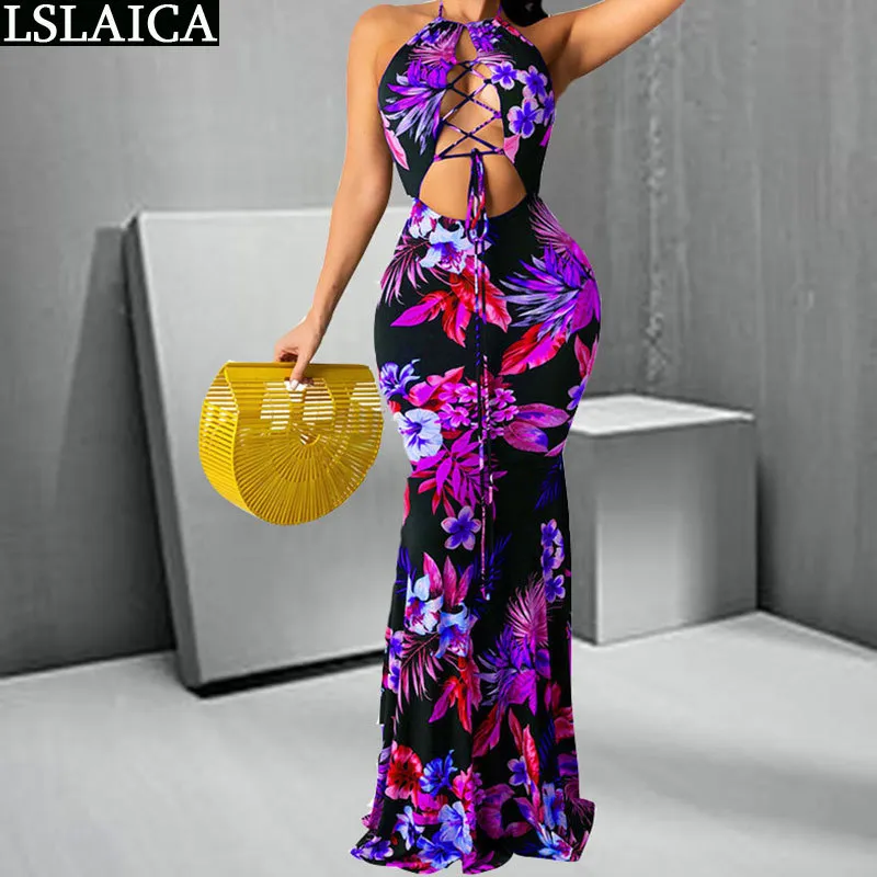 Moda Chegada Dress Mulheres Sexy Floral Impresso Longo Com Gravata Corrida Clubwear Backless ES para Elegant 210515