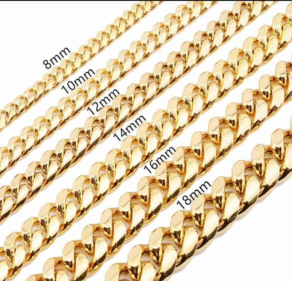 Chaînes FINES 8mm 10mm 12mm 14mm 16mm Bijoux en acier inoxydable Or jaune 18 carats Collier à maillons cubains Miami poli pour hommes Punk Curb 2464