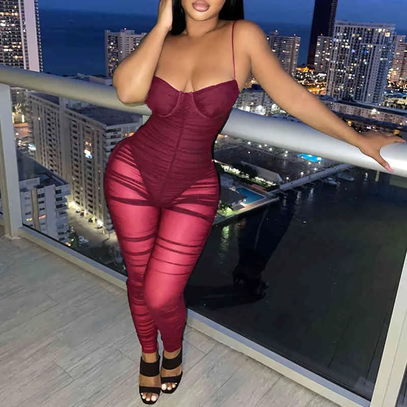 OMSJ Nightclub See Thourgh Jumpsuit For Women Sling Mesh Patchwork Backless Sexy Bodycon Folds Rompers Outfits Plus Size Overall 210517