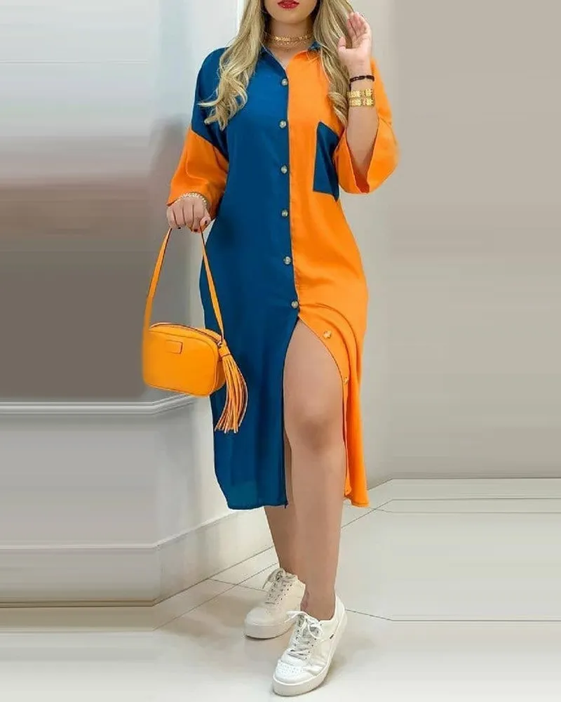 女性のシャツのドレス夏のプラスサイズのファッションカジュアルカラーマッチングプリントポケットシャツドレス女性x0521