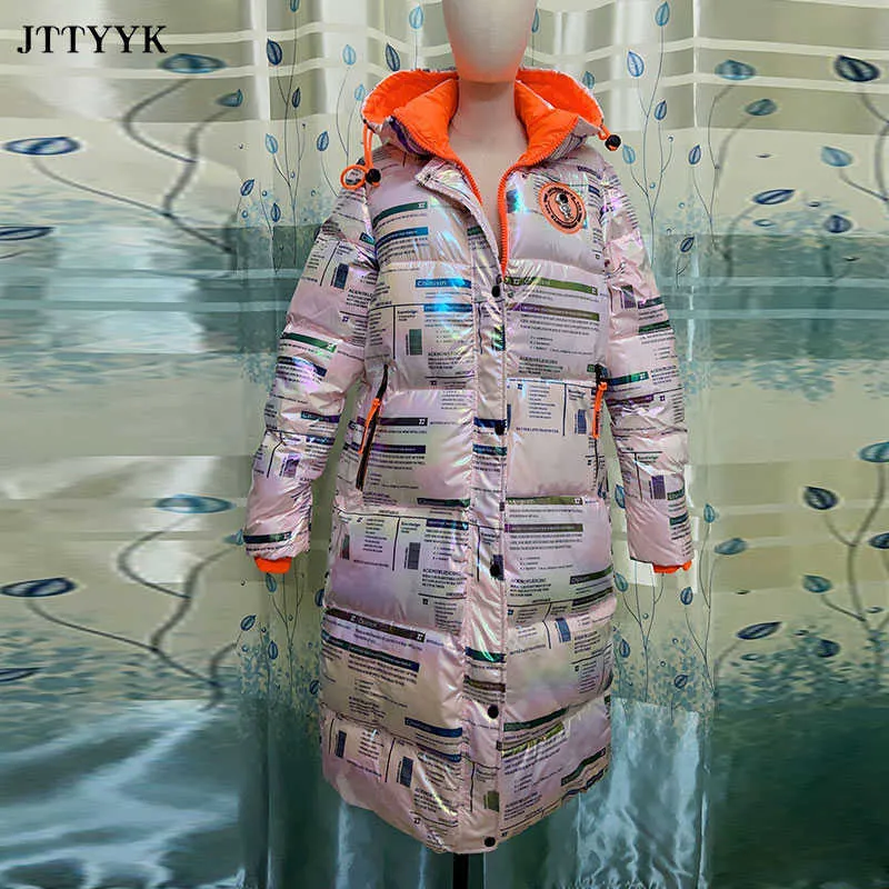 Plus Storlekskläder Hooded Jacket Kvinna Vinter Tjock Harajuku Print Snökrock Kvinna Långa Puffer Jackor Vattentät Parkas 211018