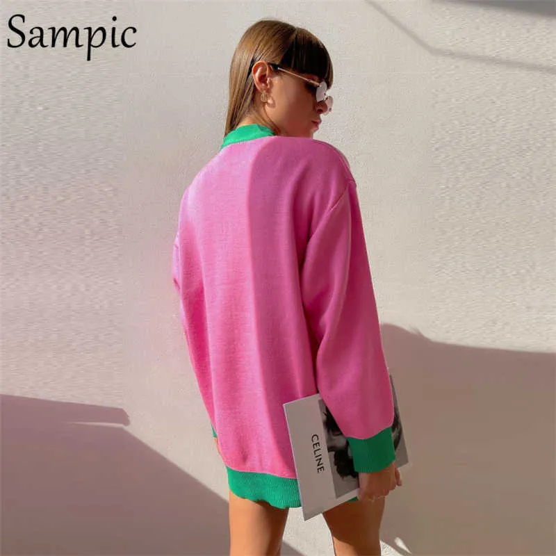Sampic Losse Patchwork Knitwear Winter Dames Cardigans Tops Oversized Lange Mouw Y2K V-hals Sweater Casual Fashion 210914