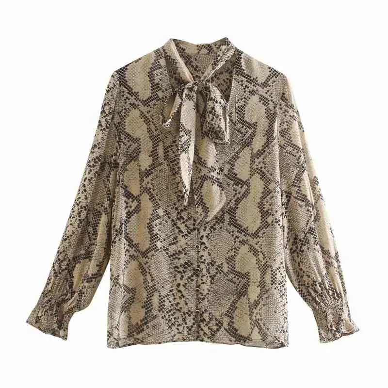 Top Women Animal Print Shirt Woman V-neck Bow Tied Long Sleeve Elastic Ruffled Cuffs Vintage Casual Loose Laddies Blouse 210519