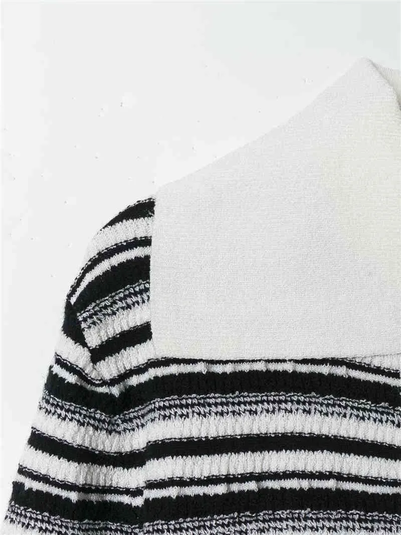 Causal Women Black And White Striped Sweater Fashion Ladies Turn Down Collar Knitted Tops Streetwear Female Chic Pullover 210427