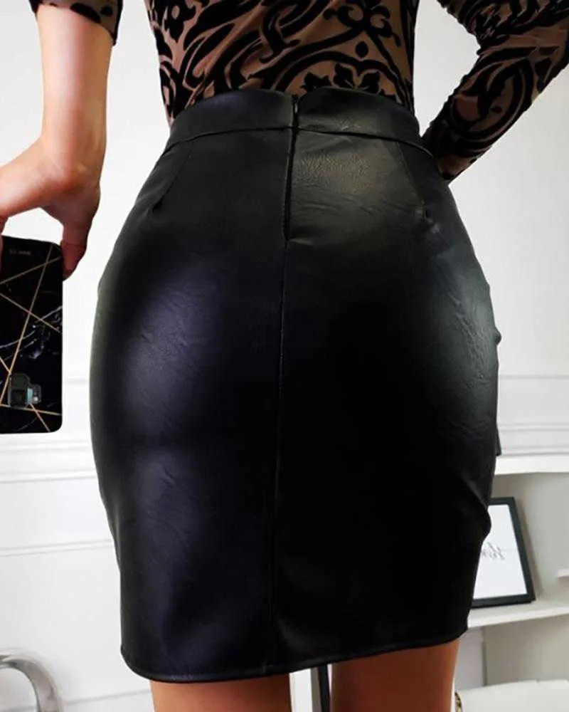 Falda de mujer PU cuero encaje Mini ropa femenina Sexy cintura alta cremallera ahueca hacia fuera el bolso cadera lápiz trajes 210621