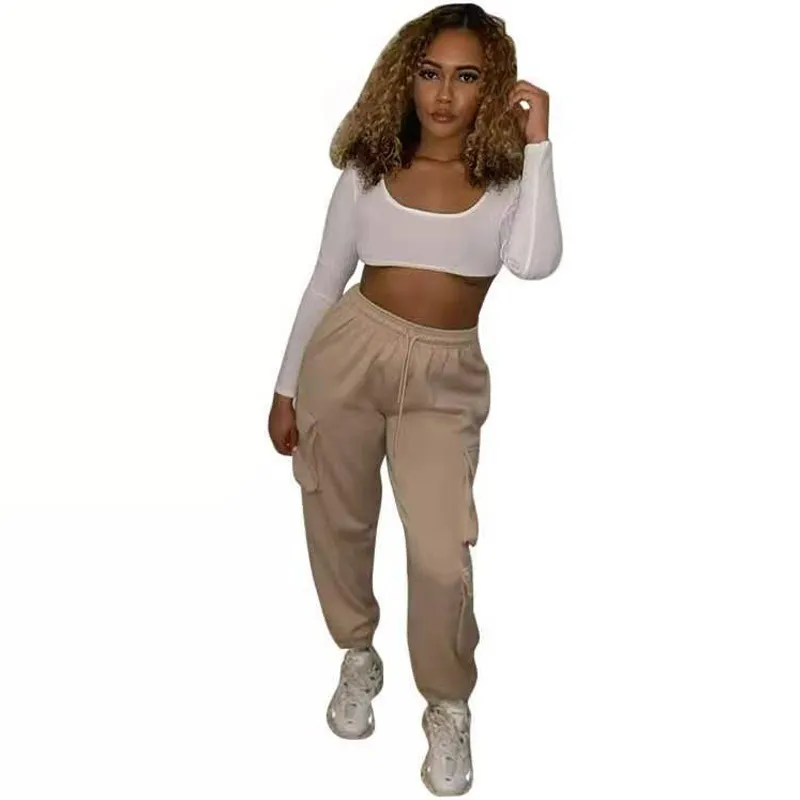 Kobiety Plus Size Spodnie dresowe morelowy kieszeń sześcienny Baggy szerokie nogi Cargo Spodnie Casual Joggers Sznurek Talia Harajuku Spoder 210517