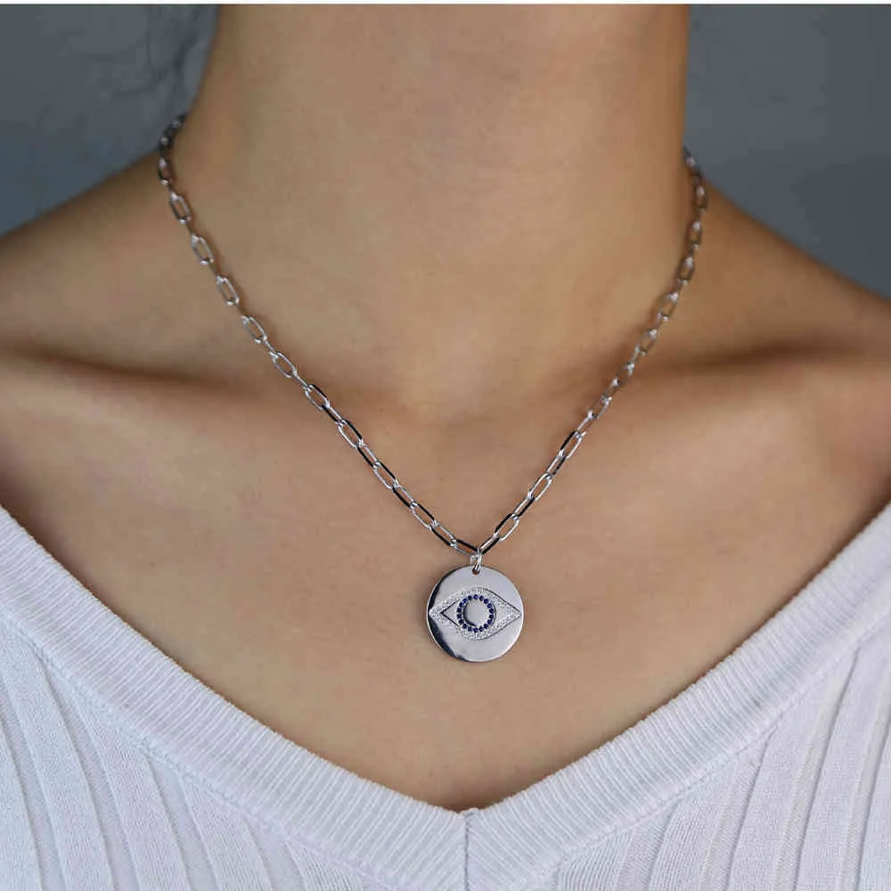Runde Münze Anhänger Halskette CZ gepflastert böser Blick Glück türkische Mode Damen Schmuck Halsband 35 + 10 cm