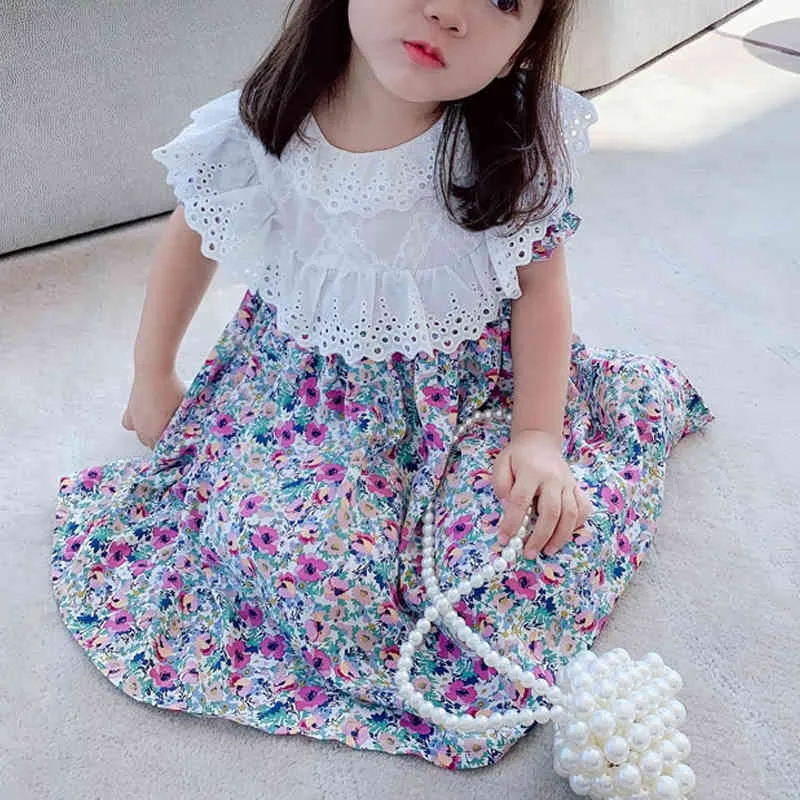 Dziecko Ubrania Dziewczyny Dress Summer Bubble Rękaw Koronki Patchwork Kwiatowy Drukuj Cute Princess 210515