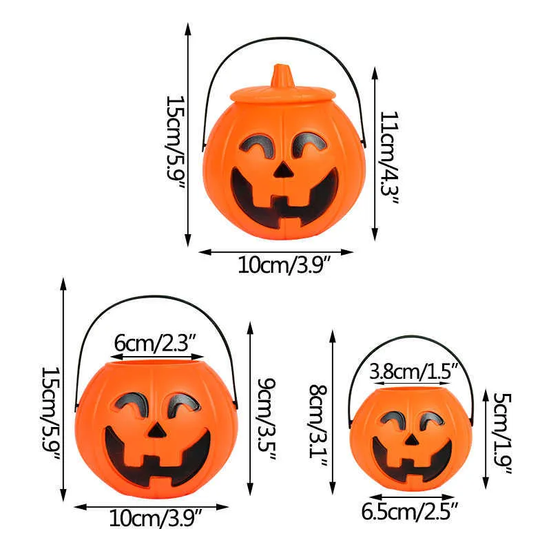 3шт тыквенное ведро с ручкой пластиковая закуска конфета банка коробка коробки или угощение вечеринка Хэллоуин украшения детей костюм косплей реквизит Y0827