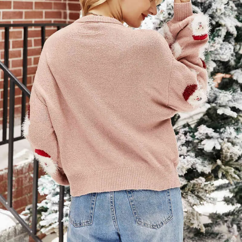 Casual vrouw oversized roze appliques kerst truien herfst winter zoete meisjes sneeuwpop knitwear vrouwelijke chique losse tops 210515