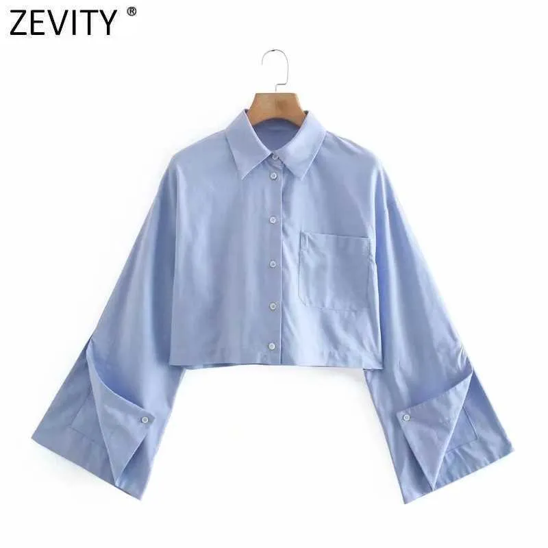 Zevity Women Fashion Pocket Patch Business Smock Bluzka Femme Split Długi Rękaw Breasted Short Shirt Roupas Chic Topy LS9109 210603
