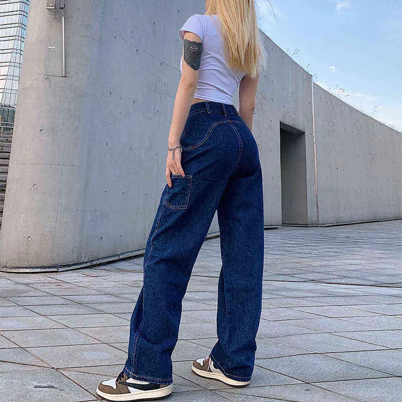 Retro Blue Woman Jeans Causal Loose Baggy High Waist Skinny Pockets Cargo Pants Zipper Button Wide Leg Jeans Mujer Pantalones 211111