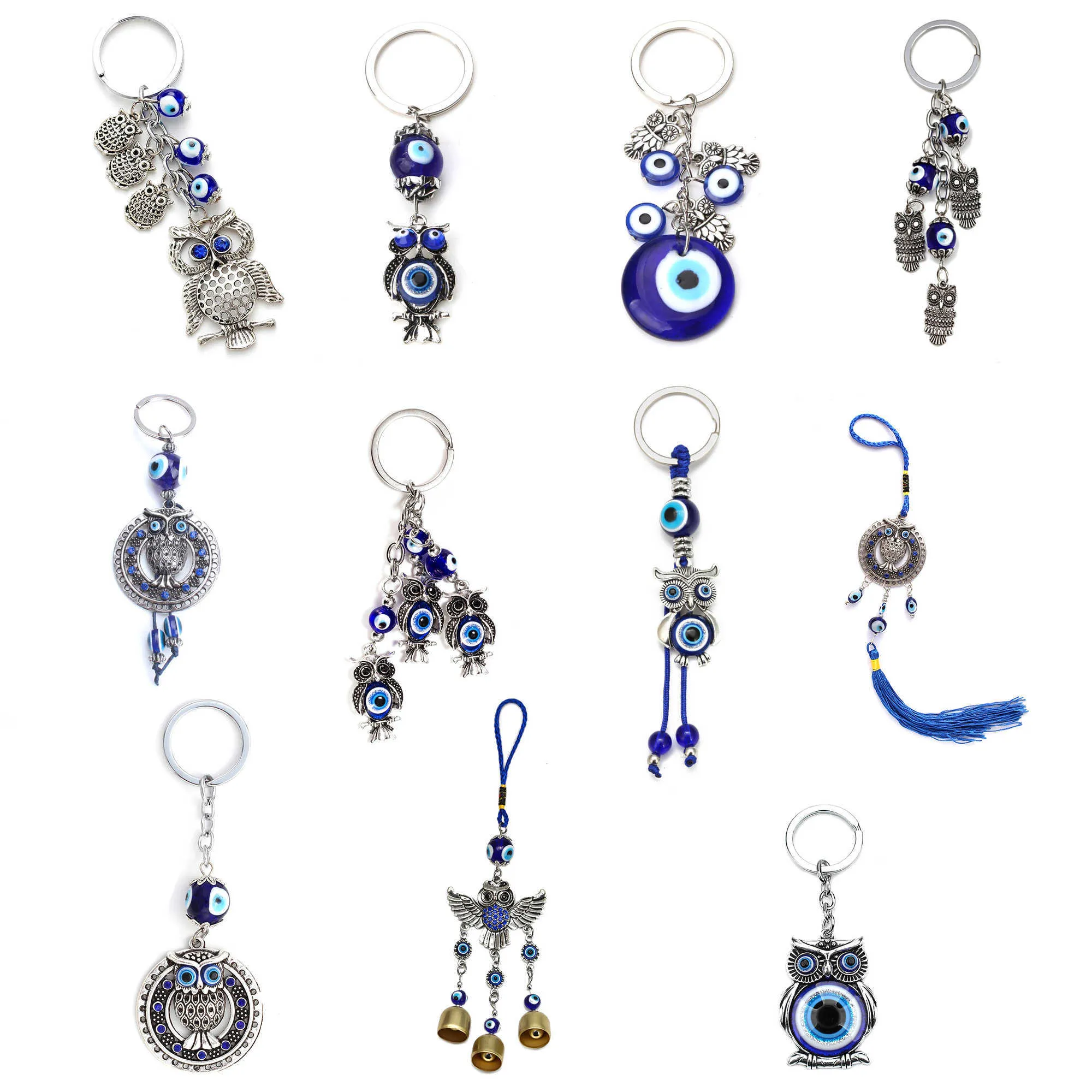 Trendy Owl Blue Evil Eye Porte-clés Porte-clés de voiture Sac à main Charme Pendentif Bijoux Cadeau pour la protection et la bénédiction Accessoires mignons G1019