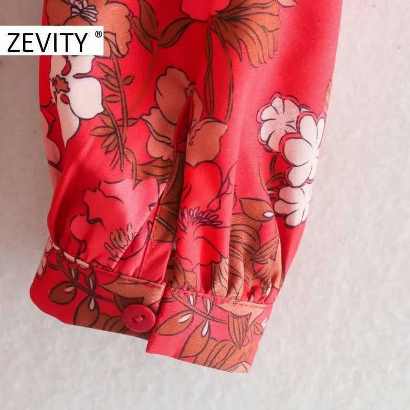 Zevity女性のファッションの花プリント赤いシャツのオフィスレディース長袖蝶ネクタイ線vestidoシックブランドミニドレスDS4529 210603