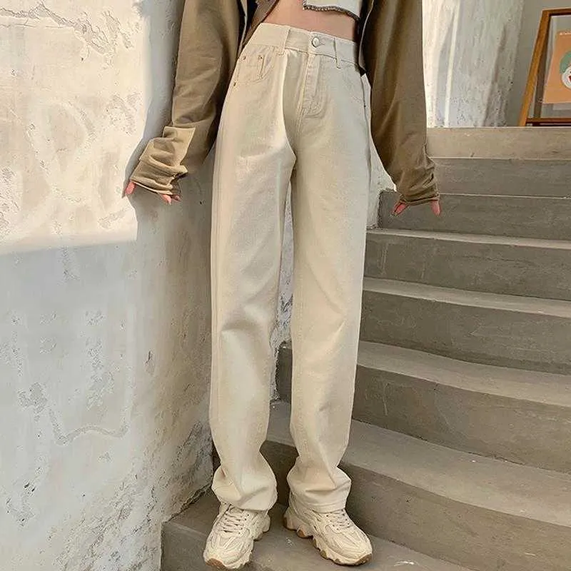 High Waist Spring Fashion Jeans Women Pants Beige Wide Leg Straight Harajuku Streetwear Casual Trousers Jean Femme 210922