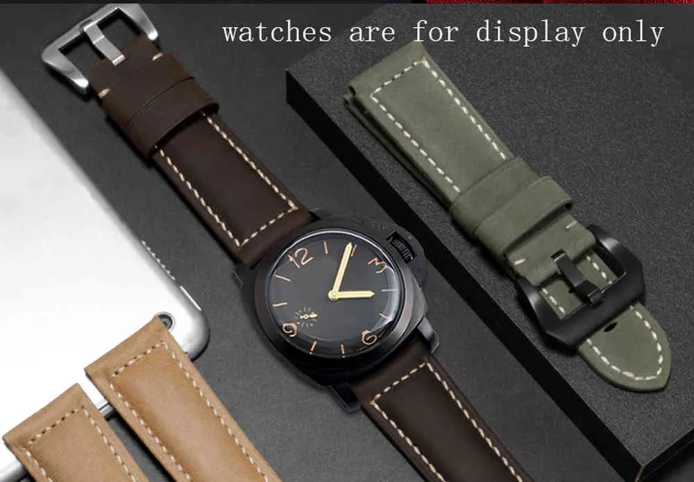 Bracelet de montre rétro en cuir givré, 20 22 24 26mm, marron foncé, kaki, vert armée, accessoires de montre pour hommes, outil cadeau