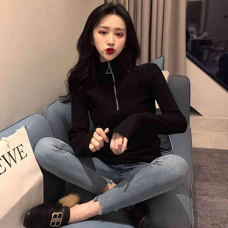 Jesień Zima Koreański Styl Z Długim Rękawem Sweter Kobiety Turtleneck Zipper Dzianiny Pullover Slim Fit Office Lady 11043 210508