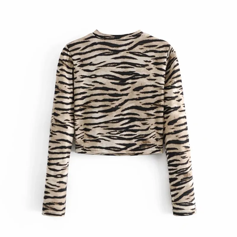 Vårkvinnor Leopard Print O Neck Sexig Kort T-shirt Casual Kvinna Långärmad Skörd Tops T1396 210430