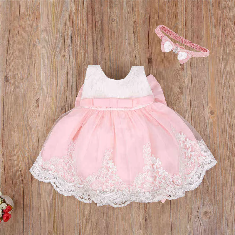 2021 neugeborenes Baby Prinzessin Mädchen Kleid Stirnband 6 Farben Ärmellose Spitze Bogen Blumen Kleid Hochzeit Party Kinder Kleidung 0-24M G1129