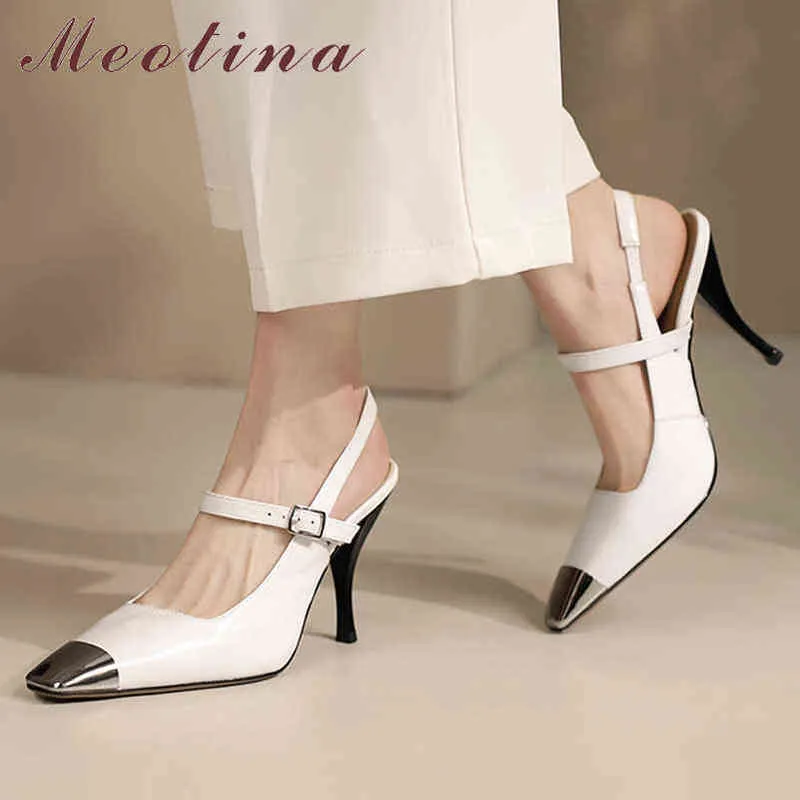 Women's Leather Buckle High Heels Square Pointed Thin Beige Spring 2 9