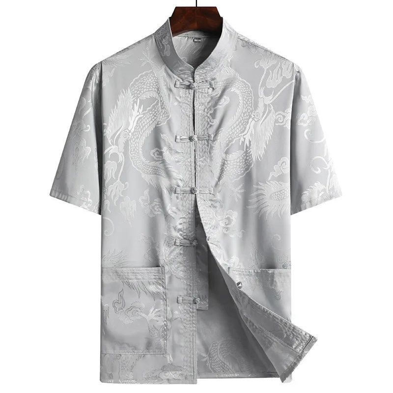 Dragon Print Shirt Mens Chinese Style Casual Shirts Men Kung Fu Uniform T-Shirt Mandarin Collar Short Sleeve Tang Suit Camisas 210524