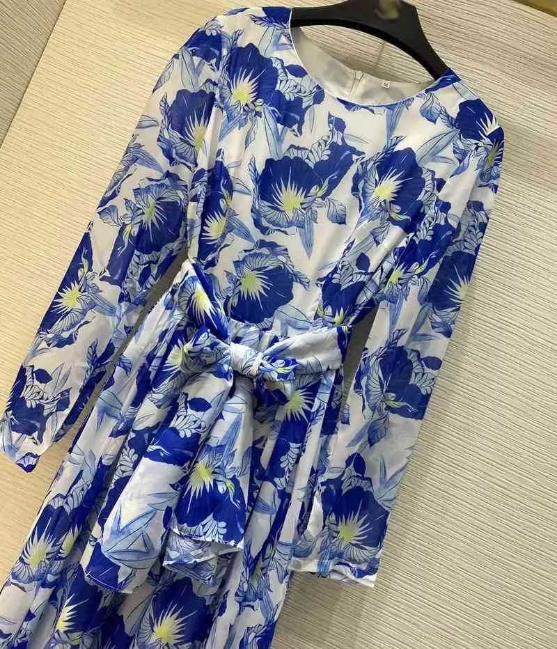 Runway Designer Maxikleid Blaue Blume bedruckte Schärpen Chiffon O-Ausschnitt Langarm Party Freizeitkleider für Frauen 2XL 210421