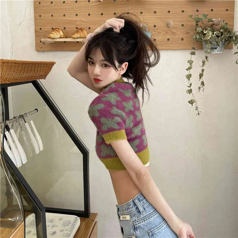 Spring summer korean style butterfly knit short sleeve t-shirts womens tee shirt femme women Cropped tops C9959 210423