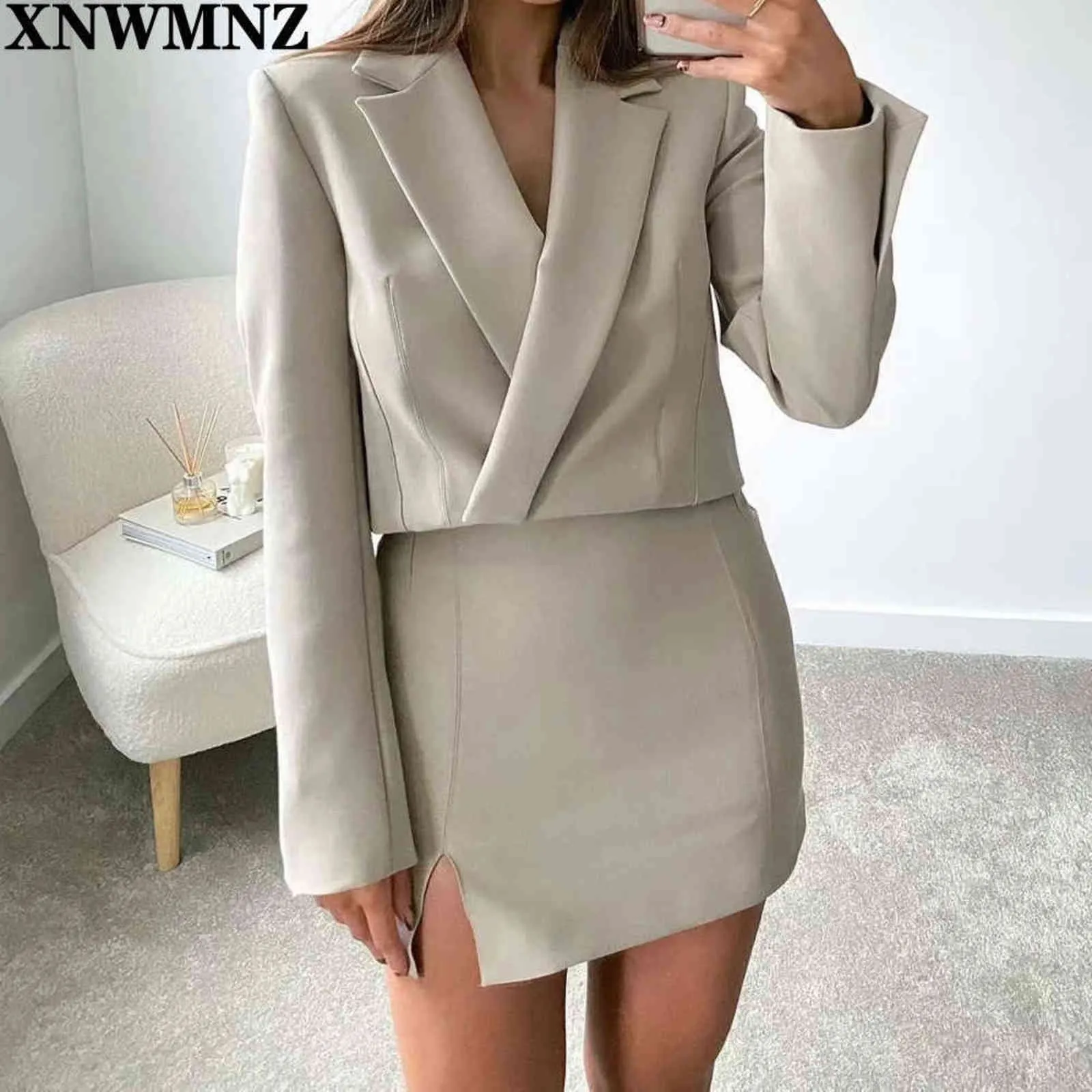 XNWMNZ Za 2 pièces ensembles femmes mode bureau recadrée Blazers vestes et haute Wasit Mini jupes côté fendu fourche 211122