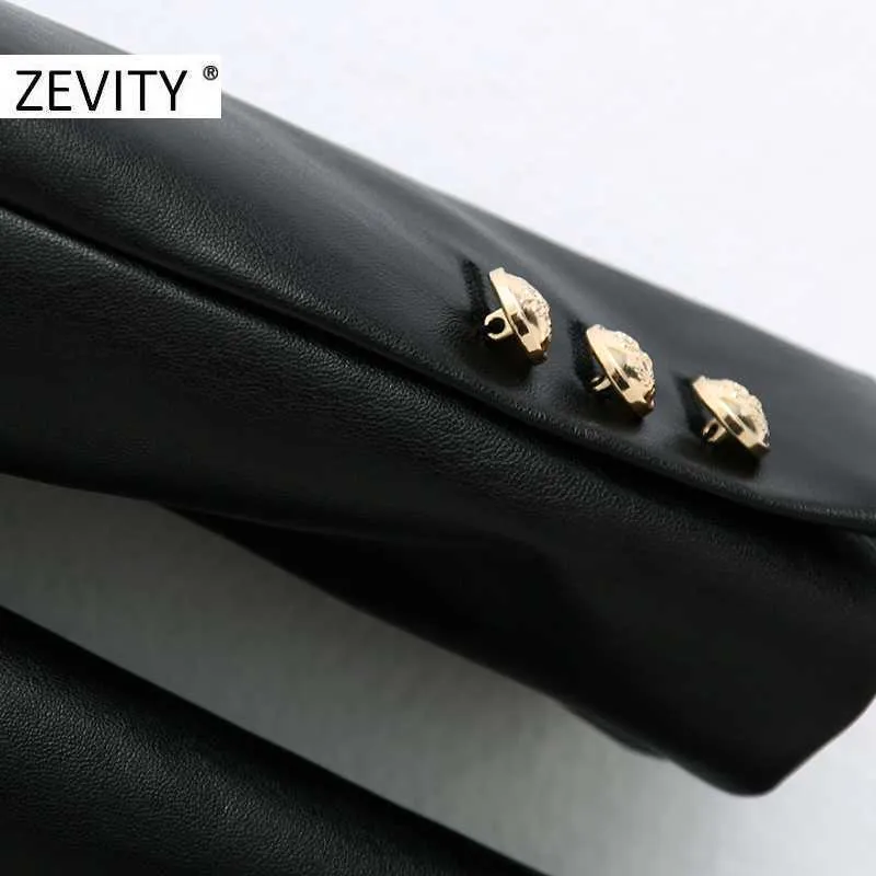 Zevity women fashion double breasted black PU leather blazer coat office ladies long sleeve outwear suit coat autumn tops CT589 210603