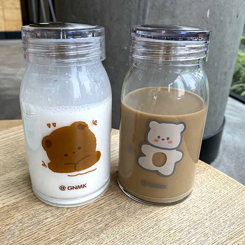 Botella de agua de vidrio de oso de dibujos animados de 450 ml, botellas gruesas resistentes al calor, vasos de café con leche lindos para regalo de niña estudiante 21102213Y