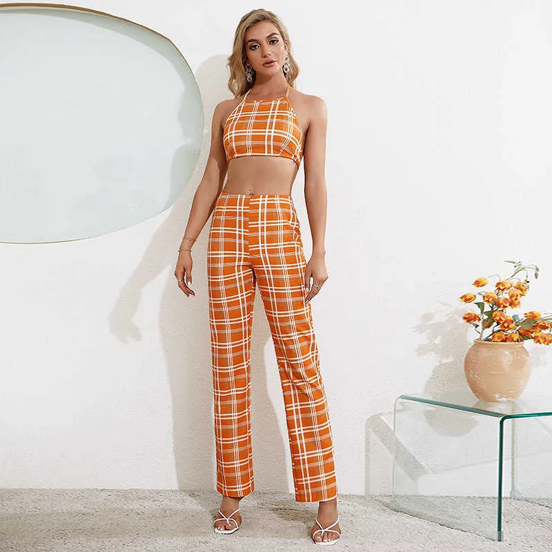 Modern orange plaid print brett benbyxor tryck upp mujer pantaloner hög midja kontrollerade byxor rakt långa slacks för kvinnor Q0801