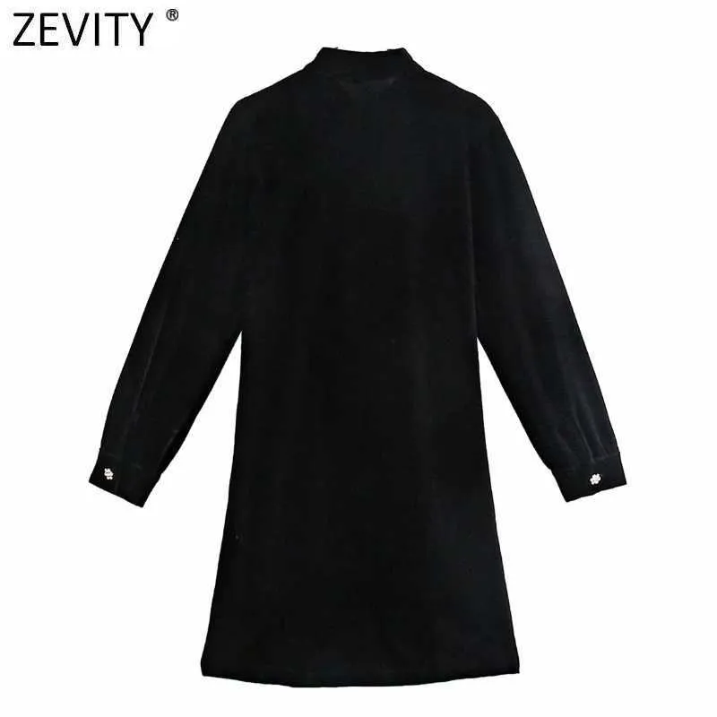 Zevity Women Stand Collar Diamond Knappar Dekoration Casual Slim Black Velvet Klänning Kvinna Chic Party A Line Vestido DS5051 210603