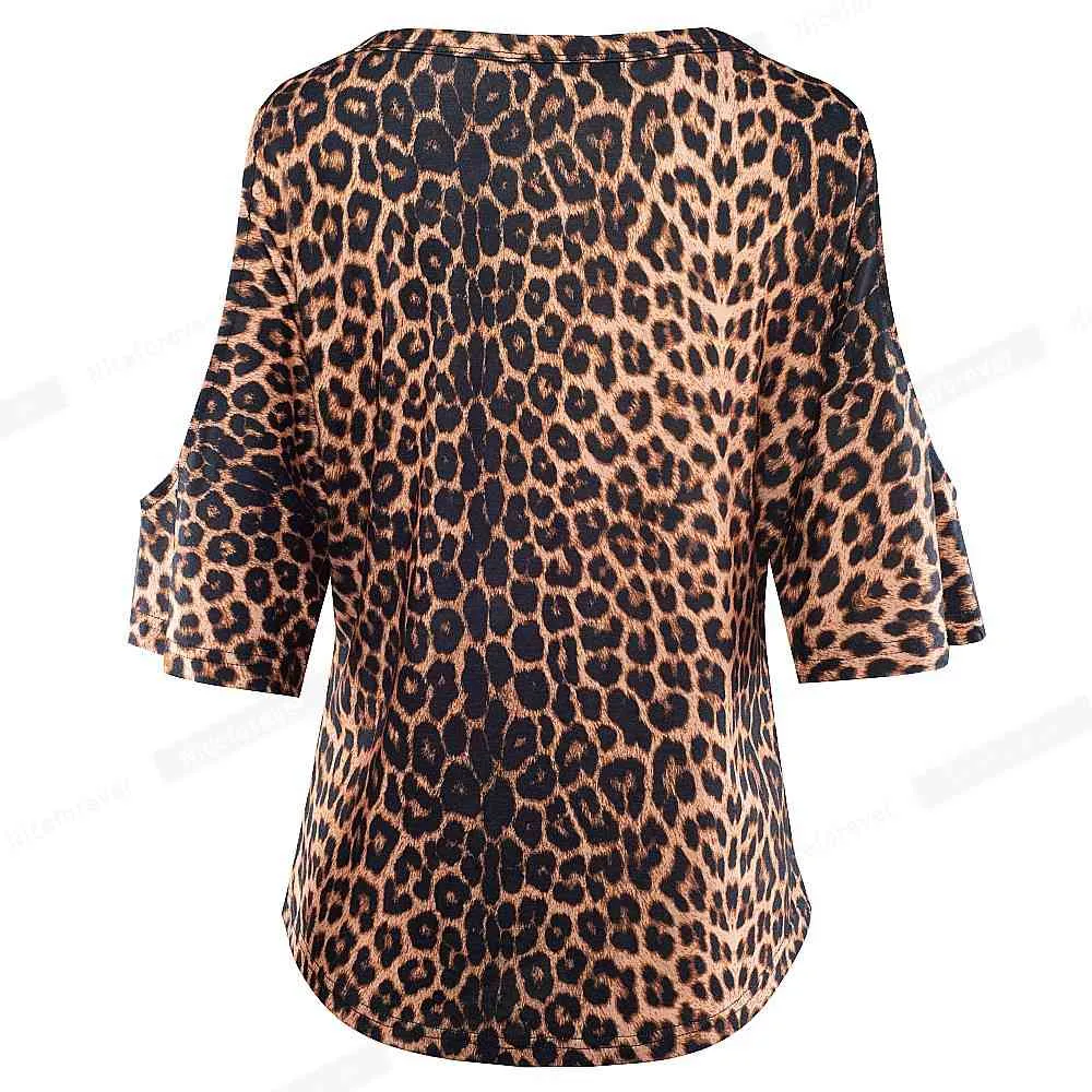 Güzel-sonsuza Sonbahar Moda Soğuk Omuz Leopar T-Shirt Gevşek Kadın Rahat Tees Tops T054 210419