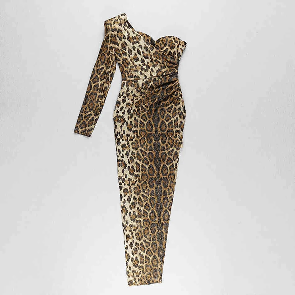 Free Women Sexy Leopard Print Long Dress One Shoulder Sleeve Split Bodycon Club Runway Party 210524