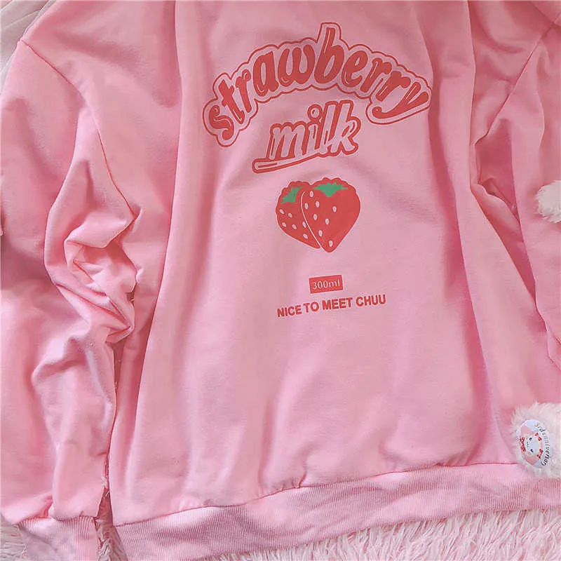 Tumblr hajuku kawaii jordgubbe brev hoodie sweatshirt kvinnor kpop chic söt rosa s varma casual tjej topp 210803