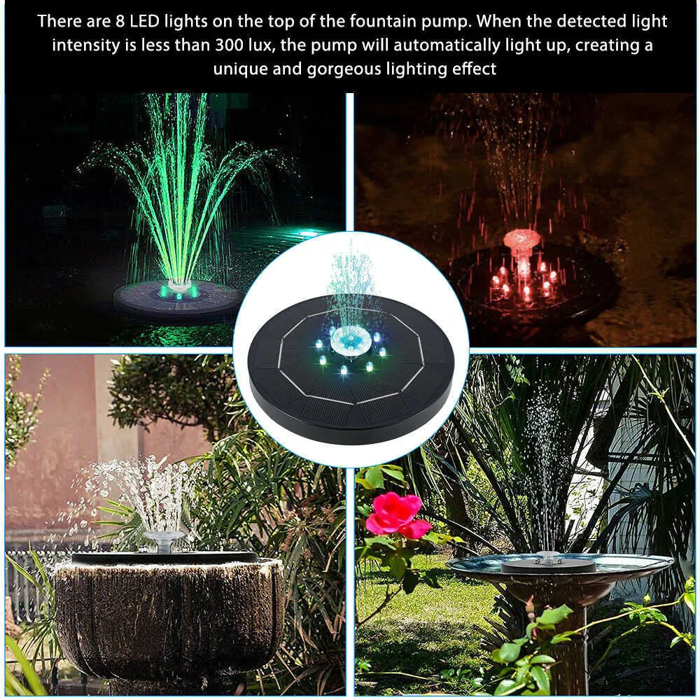 Pompa galleggiante fontana solare da giardino 5V 3W con 8 LED Decorazione piscina stagno uccelli da bagno 200L / H Decorazione patio 1500mAh 210713