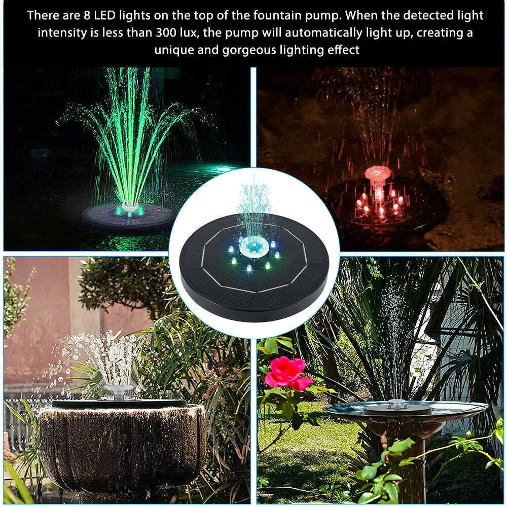 Pompe flottante de fontaine d'eau solaire de jardin de 5V 3W avec 8 LED Décoration de piscine d'étang de bain d'oiseau 200L / H Décor de patio 1500mAh 210713