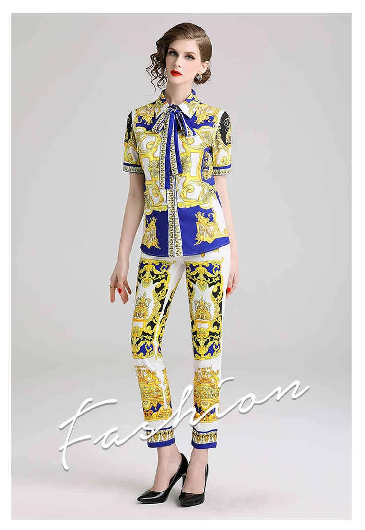 Fashion Runway Designer Donna Estate Manica corta Stampa retrò Camicia monopetto Bowknot + Pantaloni a matita Pantaloni Set 2 pezzi 210514