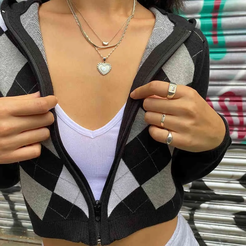 Vintage anni '90 Argyle Plaid lavorato a maglia a maniche lunghe con cerniera Cardigan con cappuccio Maglioni Donna Autunno Streetwear Y2K Crop Maglieria Top 210415